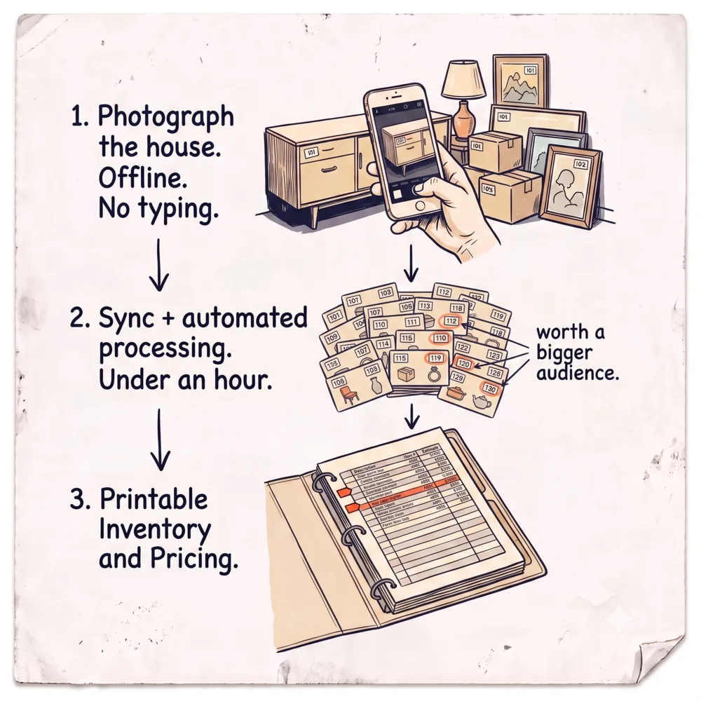 Hand-drawn field-notebook diagram: photograph the house offline, sync for an automated pass in under an hour, and get printable inventory and pricing with the high-value pieces flagged