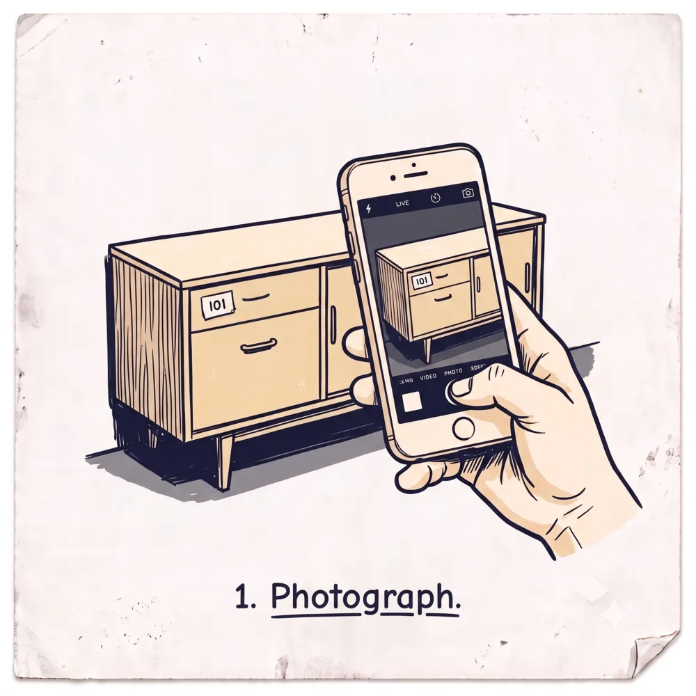 Hand-drawn illustration of a phone photographing a mid-century credenza tagged with a numbered ID sticker during estate-sale intake