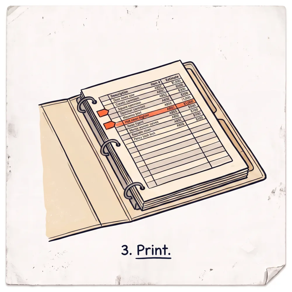 Hand-drawn illustration of an open three-ring binder of printed inventory rows with two high-value rows flagged in neon