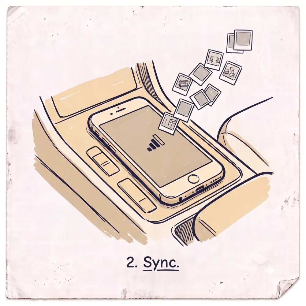 Hand-drawn illustration of a phone resting on a car console syncing a stack of item photos once signal returns